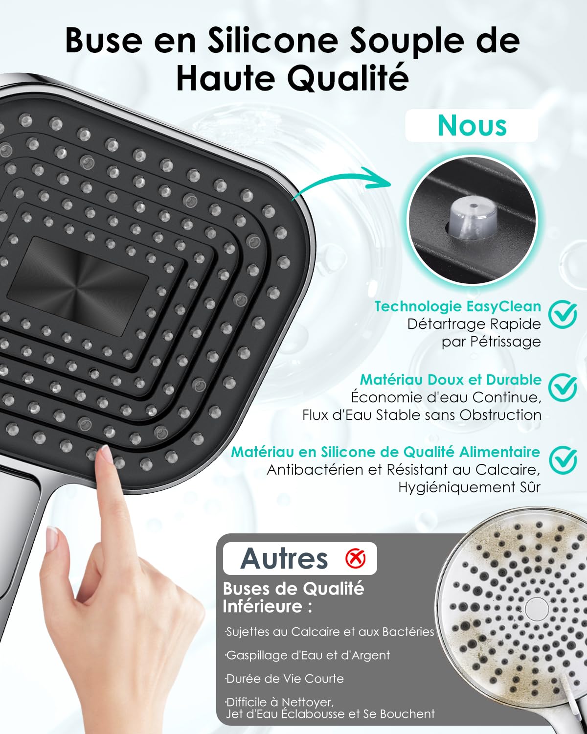 Pommeau de Douche Economie Deau, Anti Calcaire Douchette【Silicone de Qualité Alimentaire】【Économique 43% - 7,3 l/min】, Haute Pression, Douchette Grande 135 mm, 3 Modes de Jet, Chrome (sans tuyau)