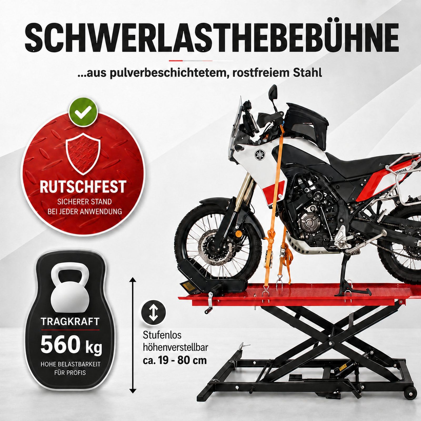 TRUTZHOLM Motorradhebebühne hydraulisch Tragkraft 560 kg Schwerlast Scherenheber Hubbereich 19-84 cm Nutzbreite 60 cm abnehmbare Auffahrrampe 4 Halteösen 45° Vorderradklemmung Hebebühne (Rot)