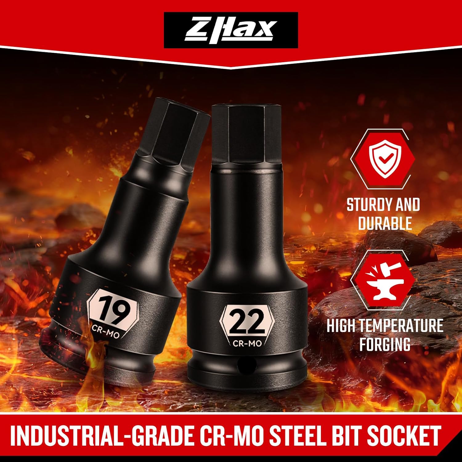 zhax 3/4 Inch Drive Impact Allen Socket Set, 14mm, 17mm, 19mm, 22mm, 24mm Metric Hex Bit Socket, 5-Piece, Master Impact Grade Cr-Mo Steel With Heavy Duty Storage Case