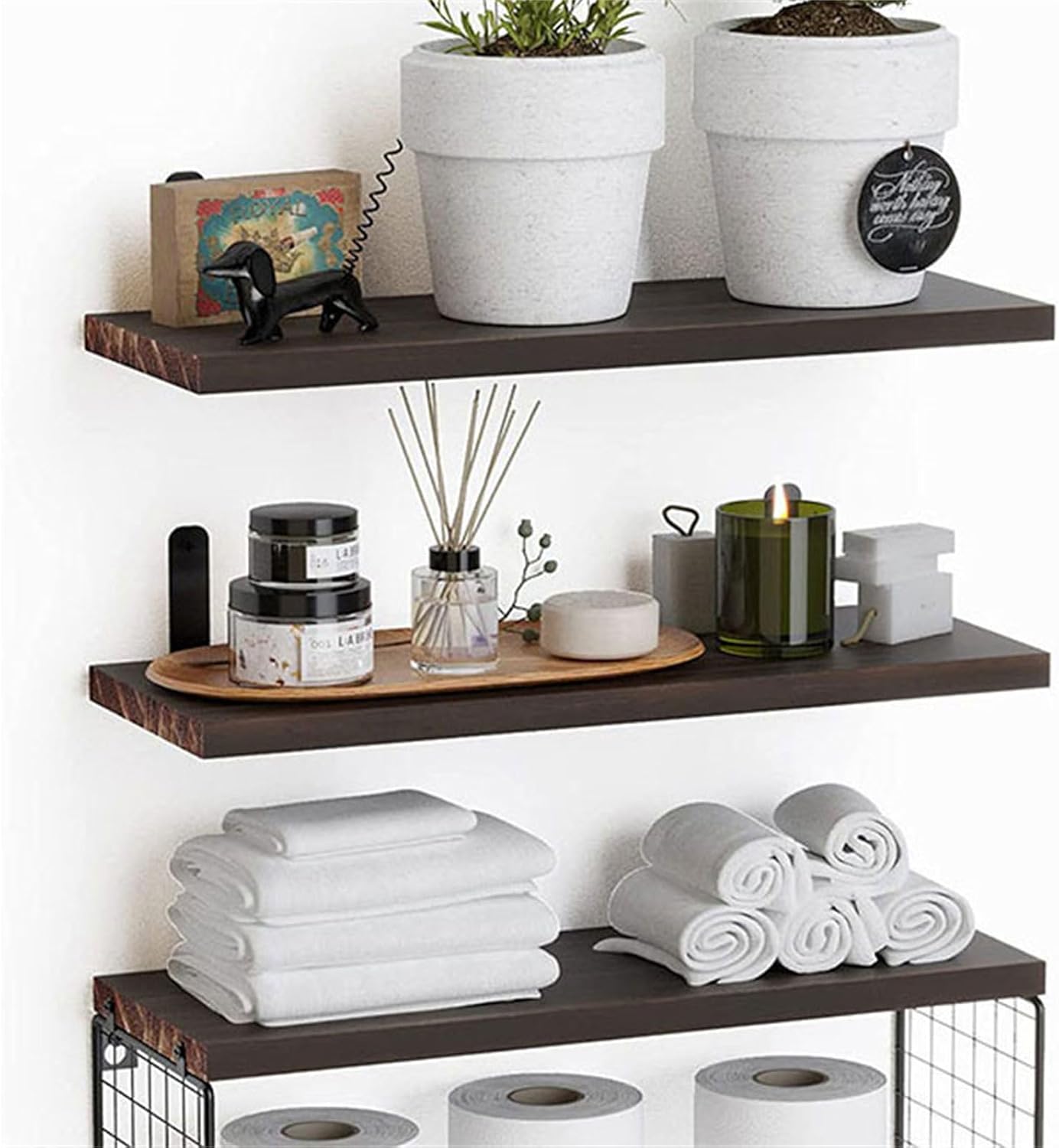 Practical Bathroom Floating Storage Shelves with Elegant Color Set of 3 Wood Wall Mounted for Organized Bathroom