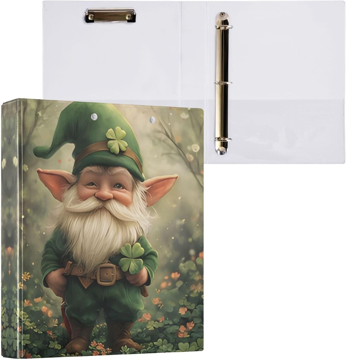 St. Patrick's Day Elf 3 Ring Binders, 1.5” Round Ring Binders with Clipboard - Letter Size, 3 Interior PVC Clear Pockets & Anti-Slip Clip for Office School Supplies, 2PCS