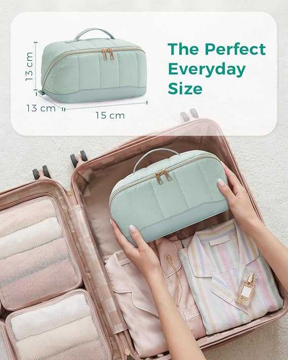 Travel Makeup Bag Large Quilted Cosmetic Organizer with Brush Compartments & Handle, Wide-Open Toiletry Bag for Women, Green