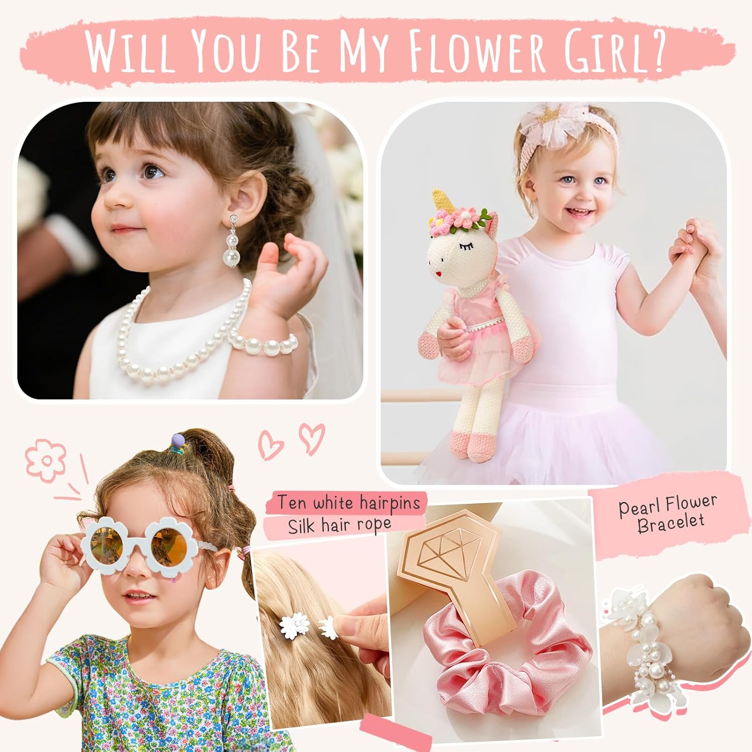 Golray Flower Girl Proposal Gifts Set, Will You Be My Flower Girl Gift with 16in Knitted Unicorn/ 15oz Cup/Floral Sunglasses/Hair Accessory/Jewelry Set Wedding Bride Gift Box Unicorn Toys for Girls