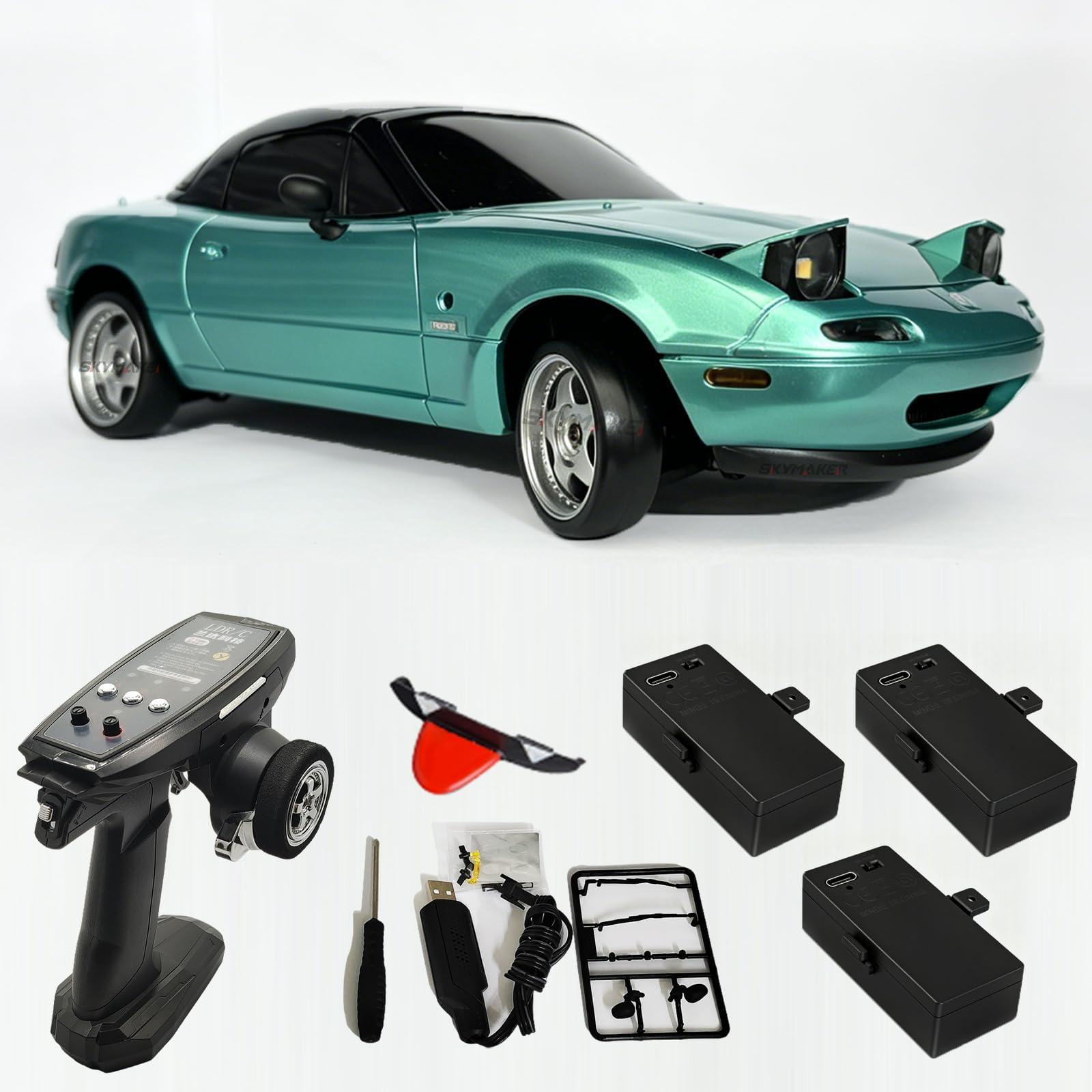 1/18 RC Drift Car with 3 Batteries Mazda MX-5 Miata 2.4GHz LDRC 1804 RWD Drifting Adults with ESP Gyro Pop-up Light (Blue)