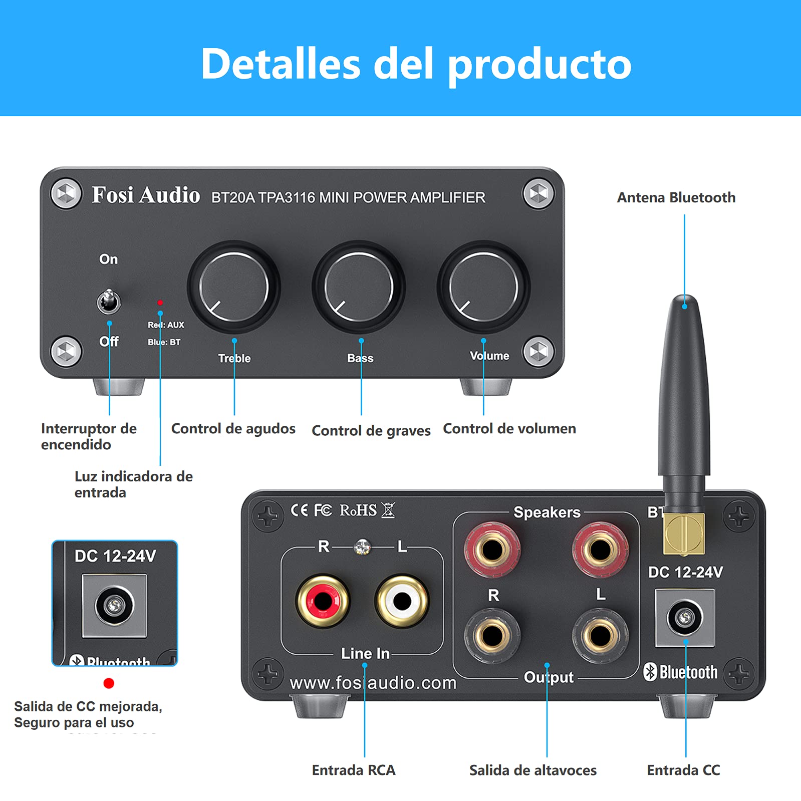 Bluetooth Amplificador, Fosi Audio BT20A - Receptor de Audio Estéreo de 2 Canales Hi-Res TPA3116 Class D Integrated Mini Amp 2.0CH para Altavoces Pasivos 100W x2 (Negro)