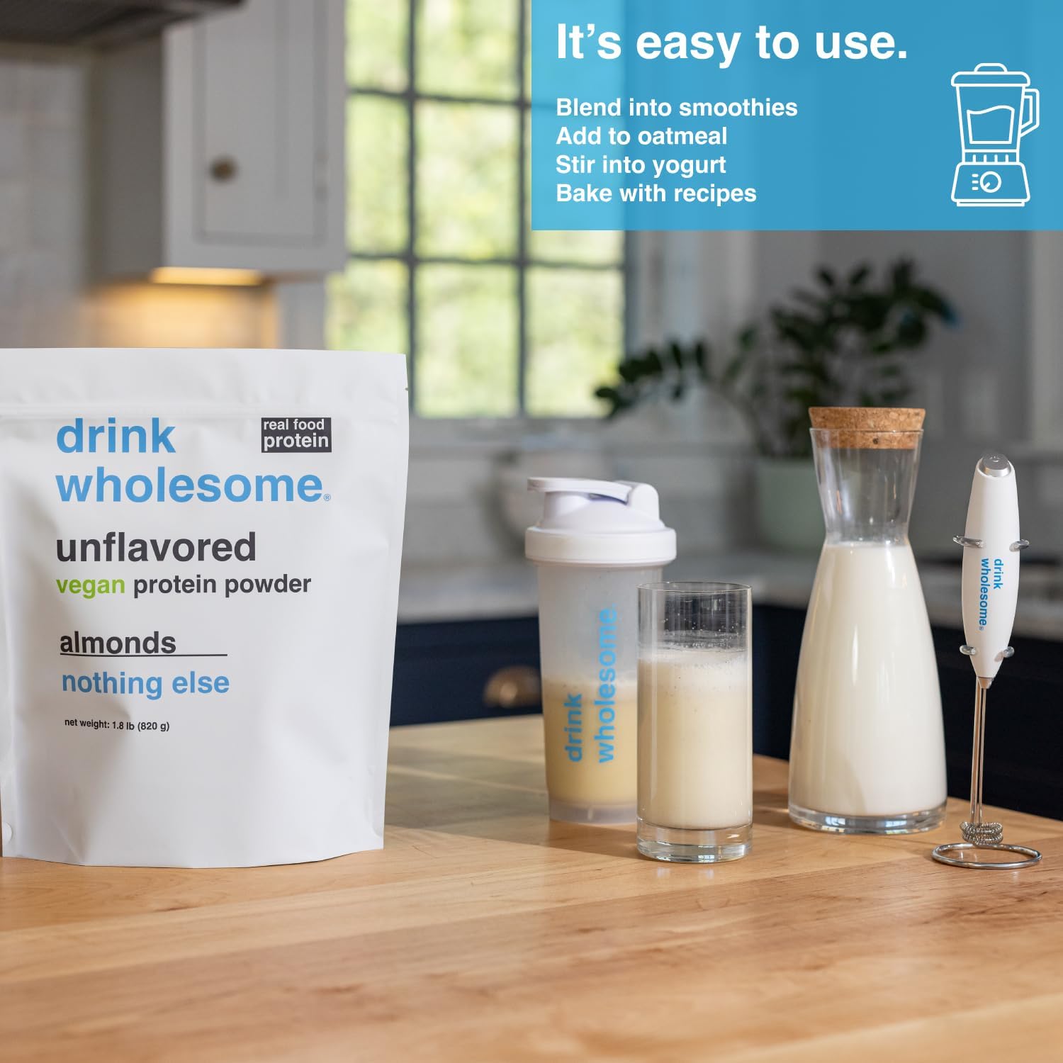drink wholesome Vegan Unflavored Almond Protein Powder for Sensitive Stomachs | Minimally-Processed, Whole-Food Protein | Additive-Free, Dairy-Free, Gluten-Free | Low Sodium