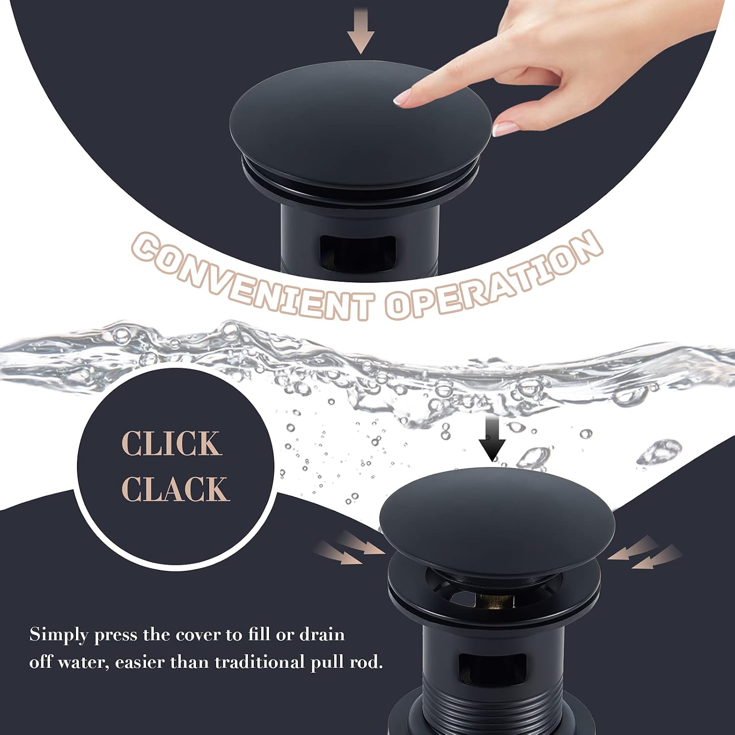 Wasserrhythm Pop up Basin Waste Matte Black Slotted for Bathroom SInks with Overflow Click Clack Sprung Plug 1/4 BSPP UK Standard - Image 4