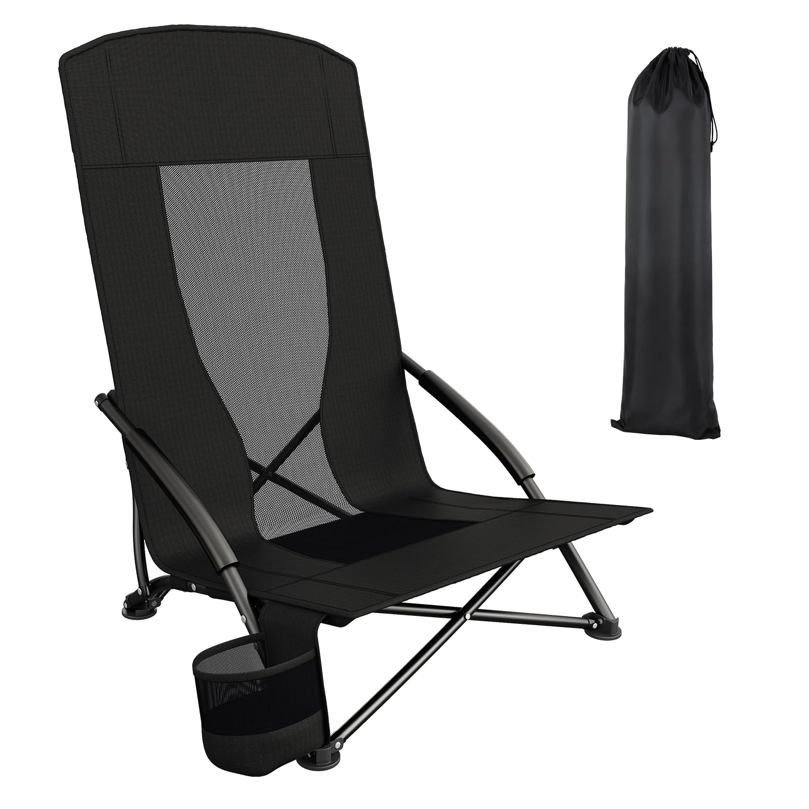 LIFERUN Chaise de plage pliable - 1 pièce - Dossier haut - Chaise de plage basse avec sac de transport - Porte-gobelet - Tissu en maille respirante - Pour l'extérieur, le camping, le concert de sable