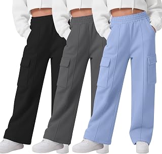 3 Pack Girls Wide Leg Sweatpants Cargo Pants High Waisted Baggy Causal Loose Kids Elastic Waistband Pants Joggers
