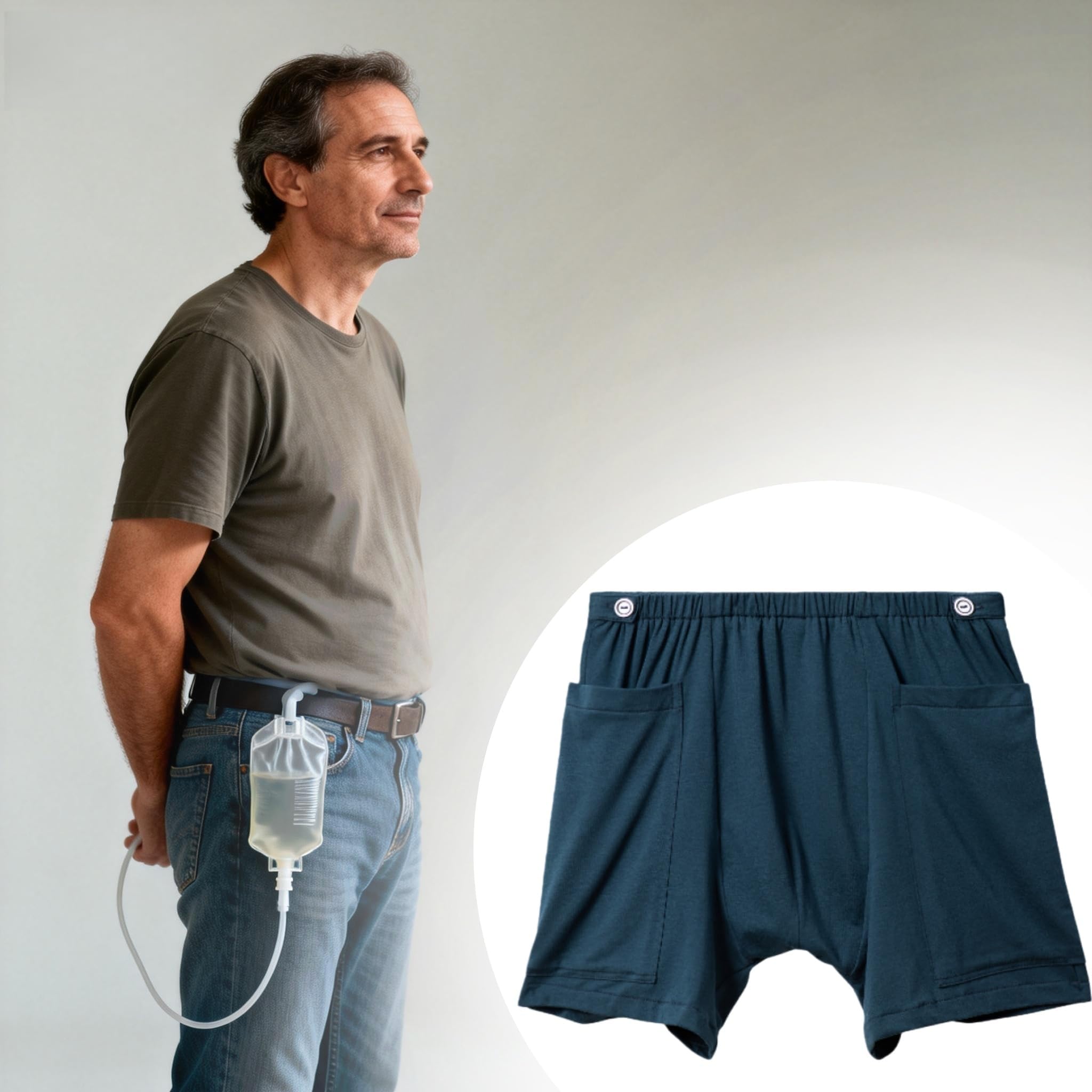 WEEOATAR Incontinence Care Shorts,Fistula Pants,Catheter Underwear Incontinence Pants,Urine Bag Underwear with Double Pockets for Nephrostomy,Foley,Suprapubic&Biliary Catheters(Man Dark Blue,M)
