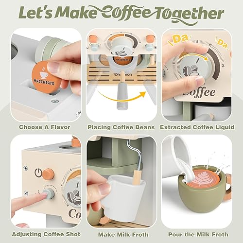 Miniatura 4 de Dreamon Juego de cafetera de juguete para niños, accesorios de cocina de madera, juego de café para niños, regalo de cumpleaños para niños y niñas
