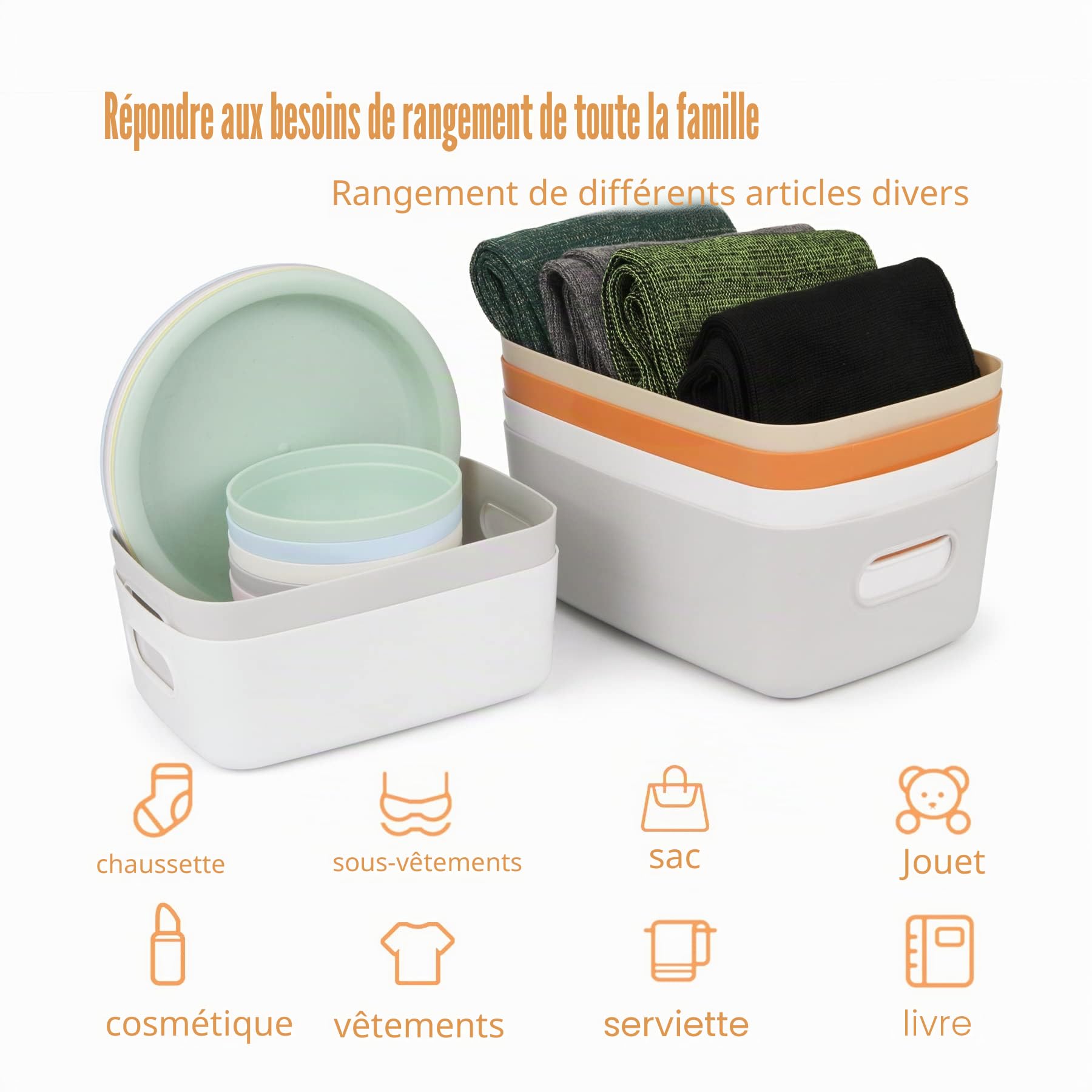 Spesh Paniers et Boîtes de Rangement, Lot de 6 Boites de Rangement Plastique Petit Paniers avec Poignée pour Étagères, Cuisine, Bureau(Orange)