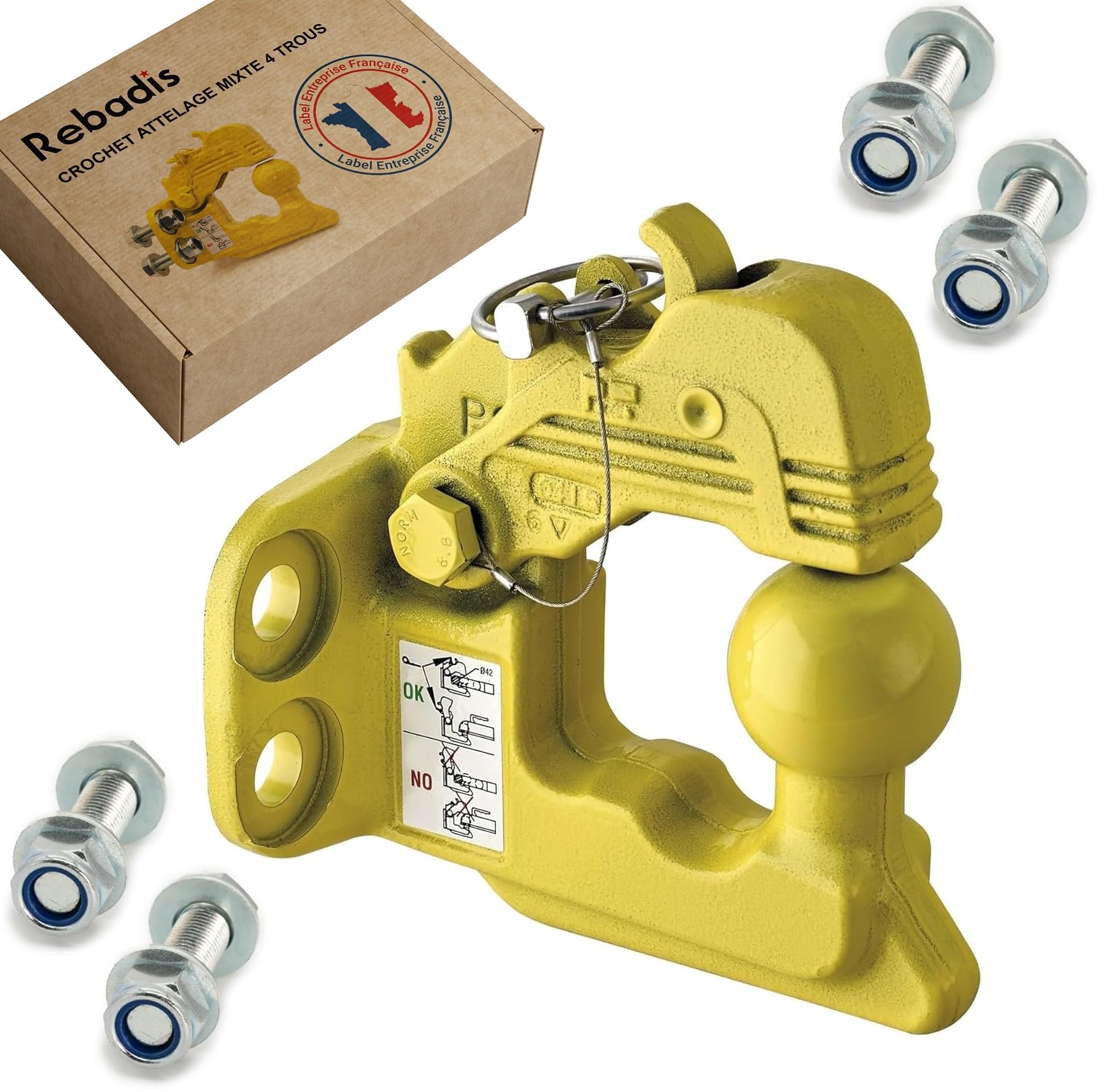 Crochet Boule attelage 3500Kg Mixte 4 Trous Jaune, Chape D’attelage 3T5 Boule diam 50mm, entraxe perçage 90x40mm, pour Anneaux 68 ou 76 mm. Livré avec visserie. Vendeur en France