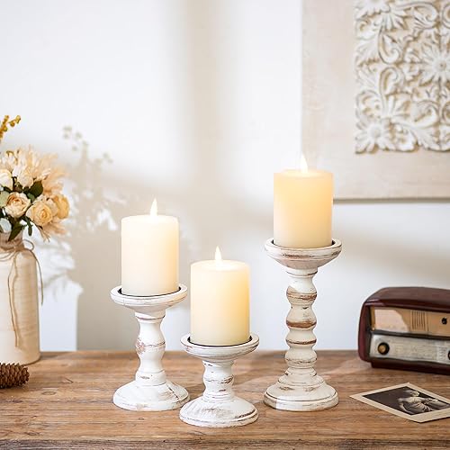 Miniatura 3 de Romadedi Portavelas de madera para velas de pilar Juego de 3 portavelas de madera de granja alto, soporte de vela rústico para chimenea, manto,