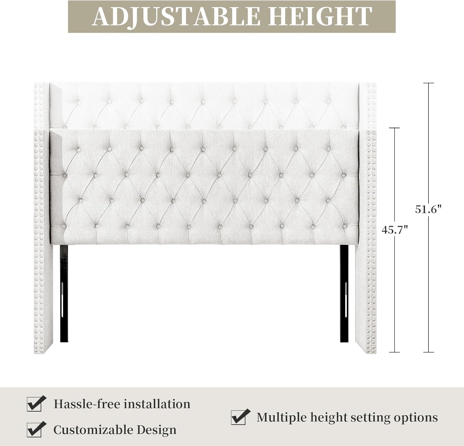 Lucky Monet Linen Upholstered Headboard Queen Size (Headboard Only), Nail Head Trim Wingback Tufted Button Headboard Luxury Soft Padded Head Board with Durable Metal Legs, Adjustable Height, Beige