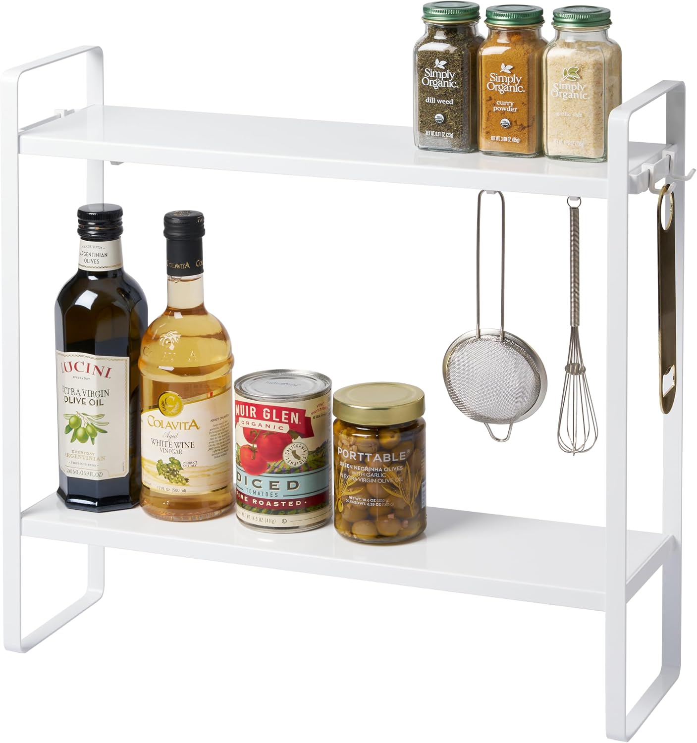 YAMAZAKI Home Tower Compact 2-Shelf Kitchen Storage Rack | Easy-To-Clean Design, Versatile Hooks - Steel