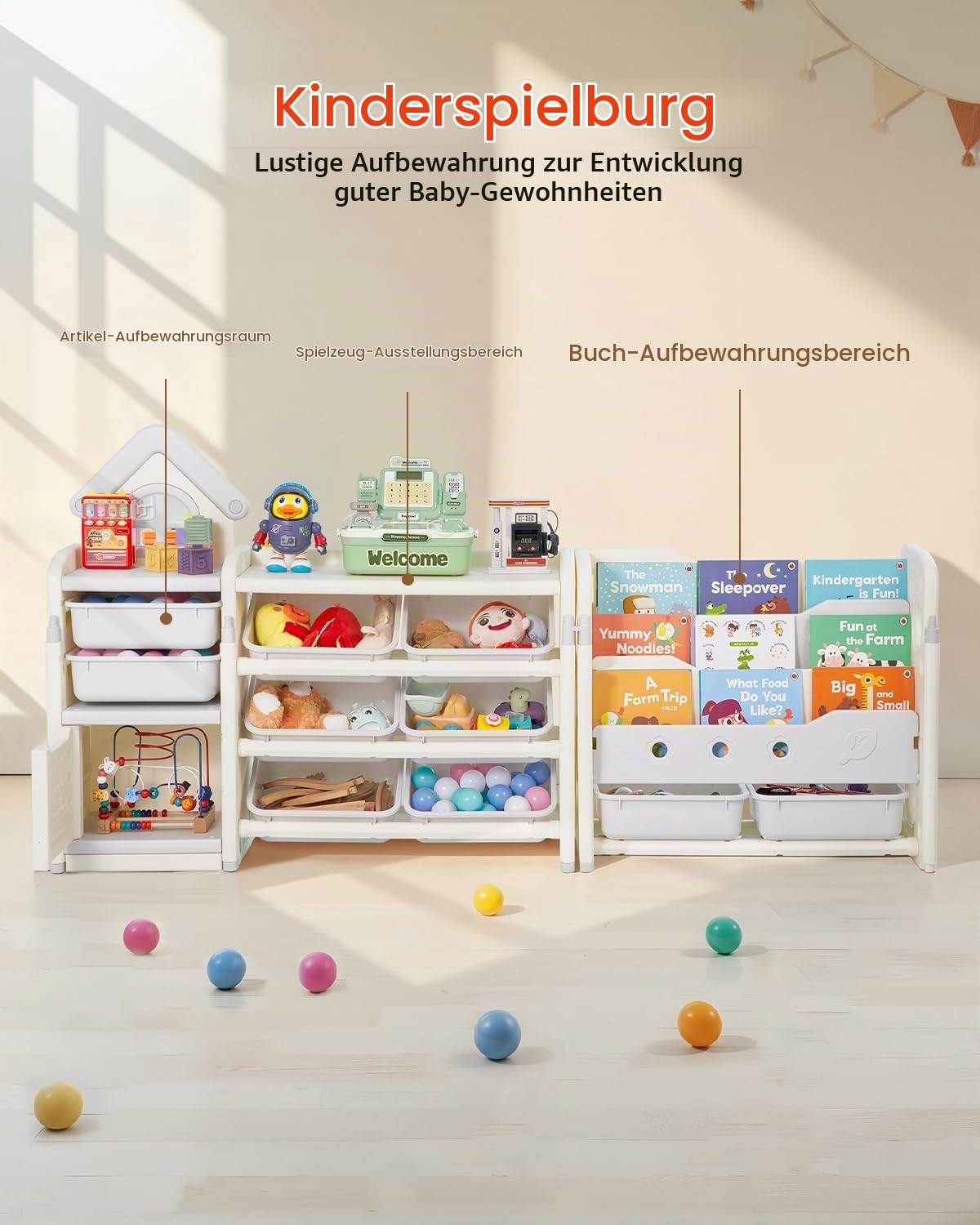 VEVOR Spielzeugaufbewahrung Bücherregal Spielzeugregal HDPE, 4-stöckige multifunktionale Ablage mit 10 flexiblen Kunststoffbehältern, für Schlafzimmer Klassenzimmer Kinderzimmer (Grau + Beige)
