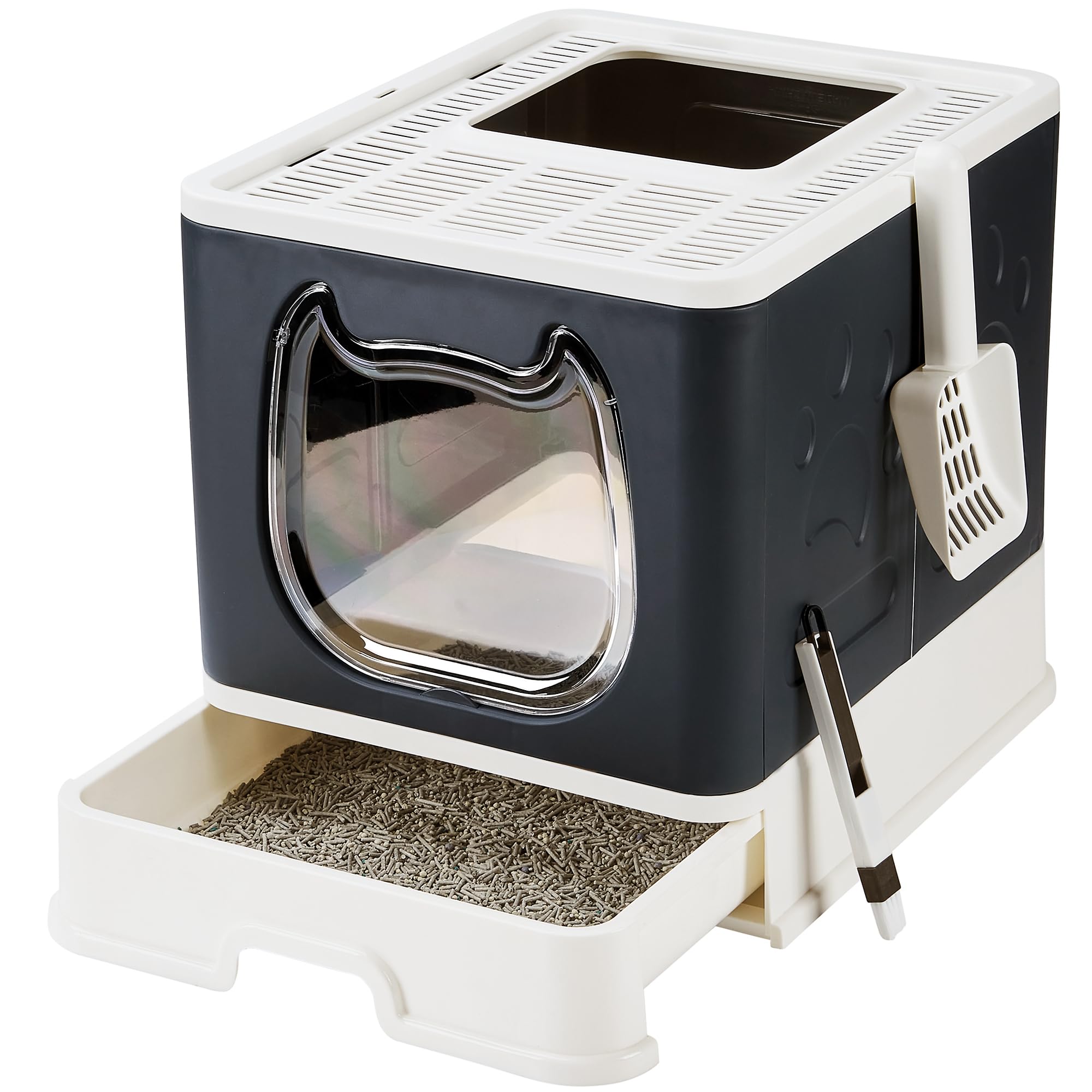 Vealind Covered Cat Litter Tray with Lid Slide Out Drawer Tray Enclosed Cats Litter Box with Front Door and Scoop