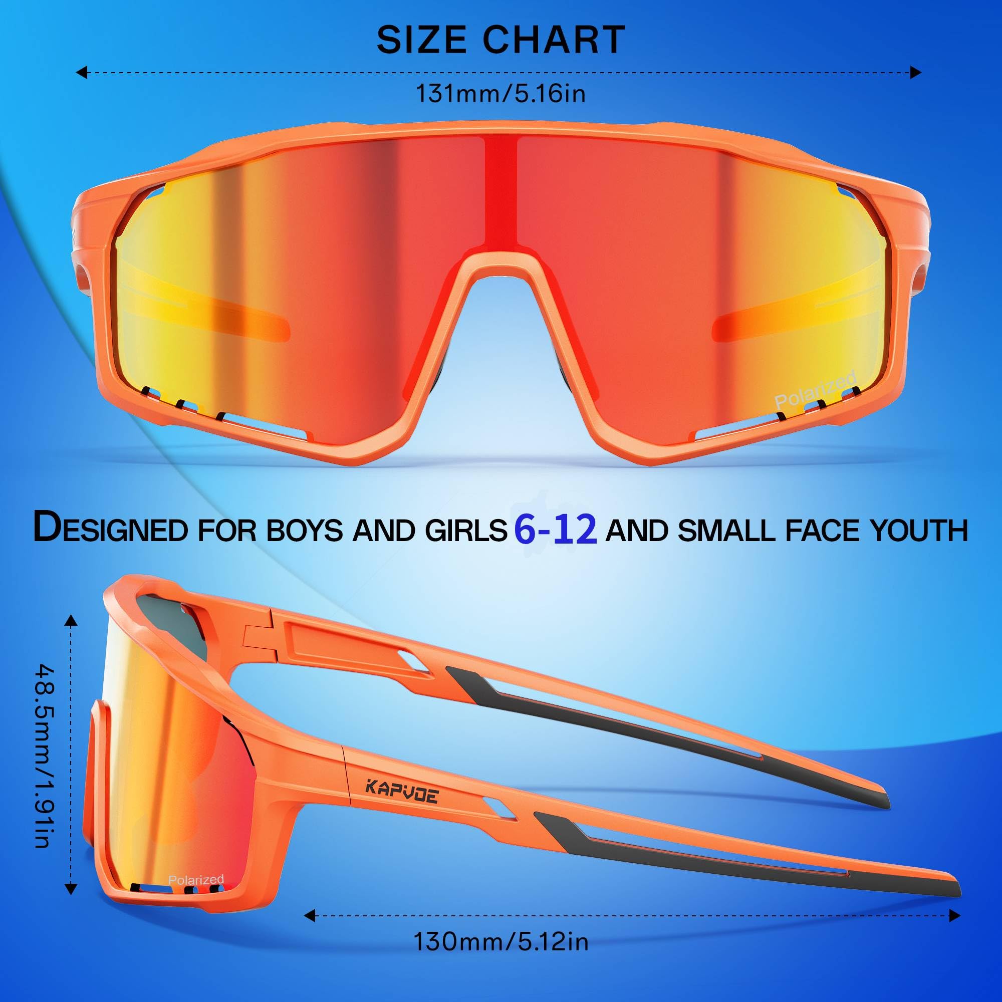 KAPVOE Occhiali da Ciclismo Bambini Polarizzati Sportivi Occhiali da Sole Bici MTB Baseball Softball Running 6-12 Anni K9033