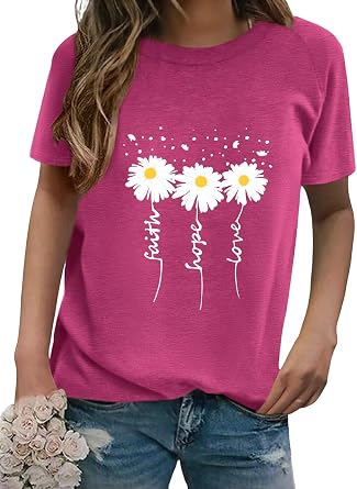 EADINVE Womens Daisy Print T Shirts Summer Crew Neck Short Sleeve Tees 2026 | Durable Faith Hope Love Graphic, No See-through, No Clingy, Loose Fit, Soft, Cozy, Easy Care, Daily, Vacation, All-season
