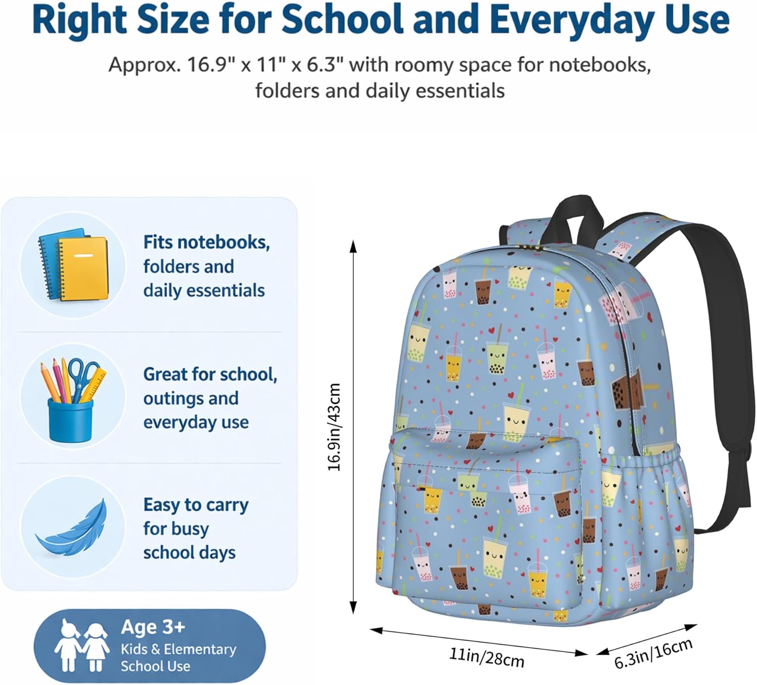 Cute Boba Bubble Tea Print Kids Backpack, Lightweight Girls School Bookbag with Front Pocket and Side Pockets for School and Daily Use