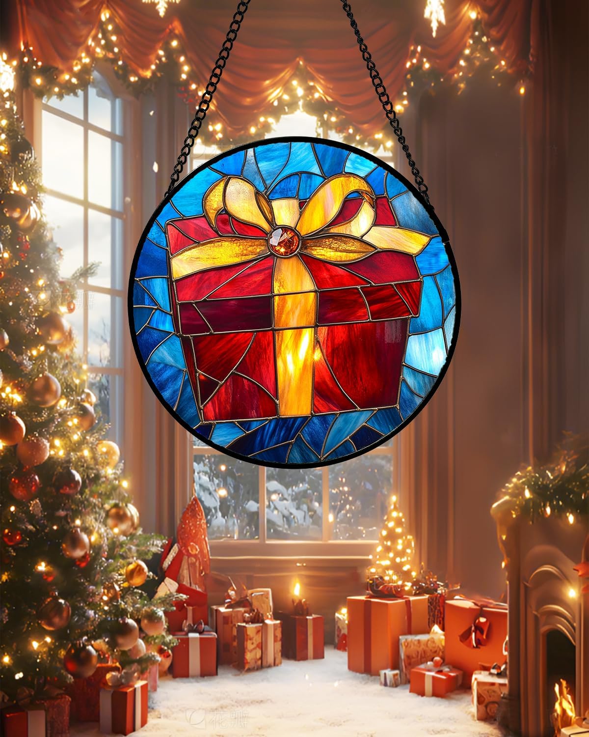 Stained Glass Window Hanging - Gold Red Gift Box Suncatcher for Doors Home Christmas Decoration Sun Catcher Thanksgiving New Year Birthday Gifts for Friend Women Men Mom Nana 9.8 in