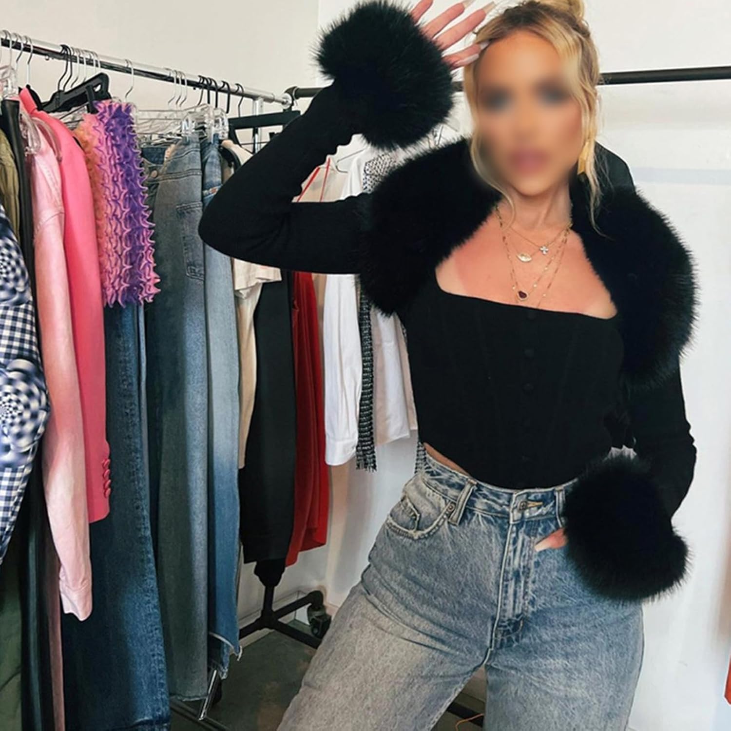 Womens Long Sleeved Crop Top Y2k Faux Fur Shrug Casual Fluffy Cardigan Bolero Jacket Party Clubwear