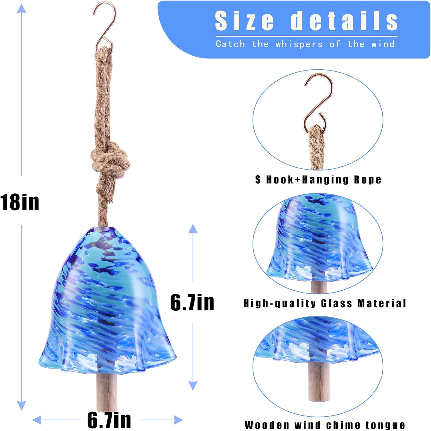 Glass Wind Chimes for Outside-18 Inch Deep Tone Hand Blown Hanging Glass Wind Chime for Garden Decor, Patio Balcony Yard, Heavy Duty Wind Bell-Unique Decorative Gift with Jute Rope Wood Clapper