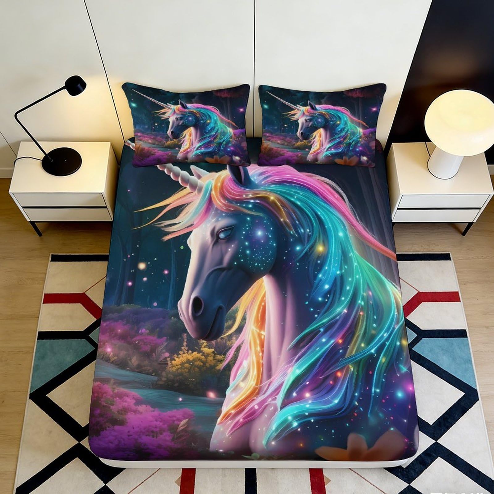 3D Printed Neon Unicorn Fitted Sheet Microfiber Soft Breathable Colorful Fantasy Bed Cover for Bedroom Dormitory Guest Room Mattress Protection 120x200x25cm