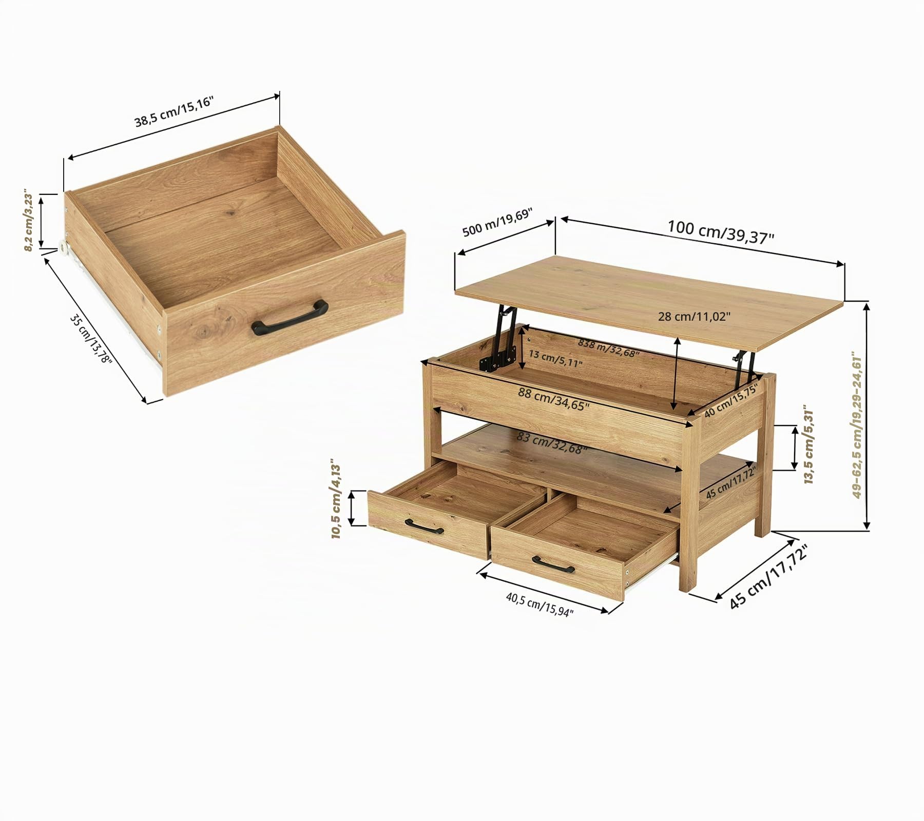 Mesa de Centro Elevable con LED RGB, con Espacio Abierto y Oculto, 2 Cajones, Madera Mesa de Café para Salón, Diseño Industrial, 100 x 50 x (49-63) cm