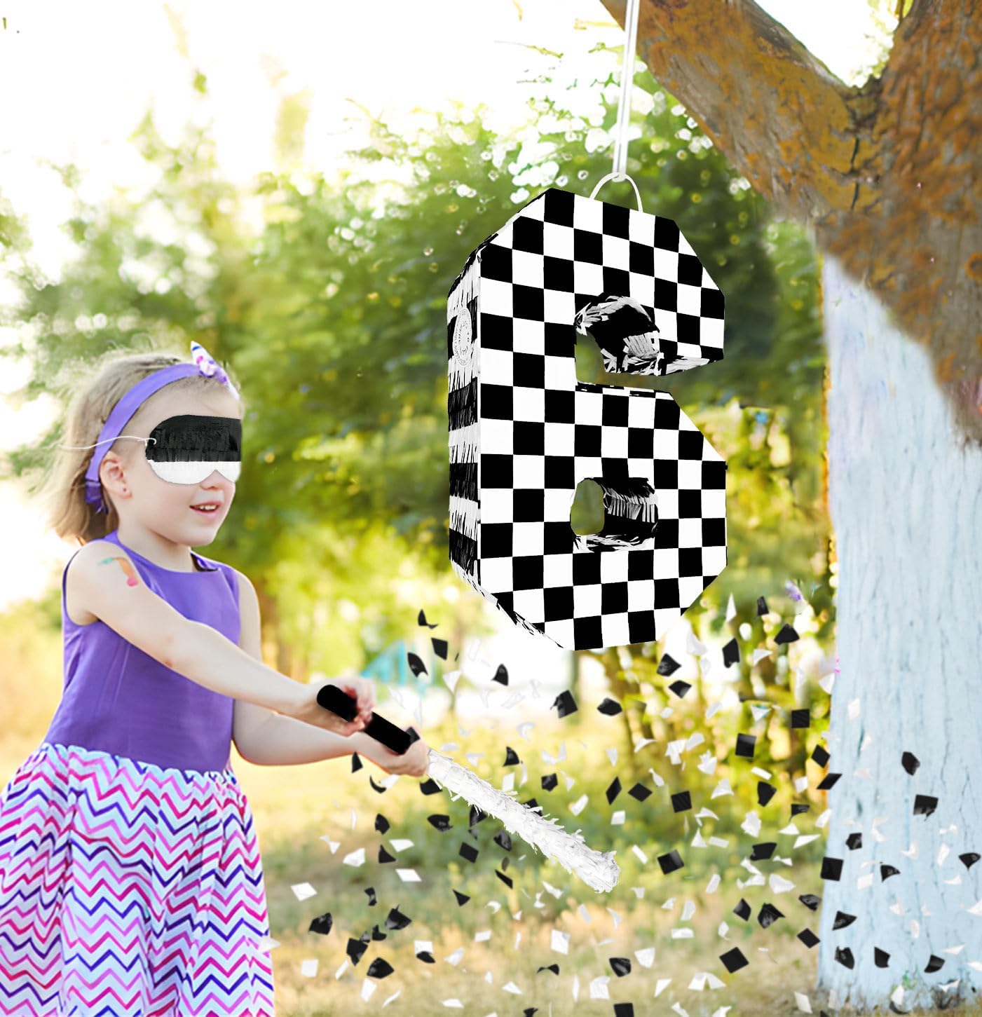 Checkered Number 6 Pinata with Stick and Blindfold Black and White Race Car Pinata for Kids ‌6th Birthday Anniversary Racing Car Party Supplies
