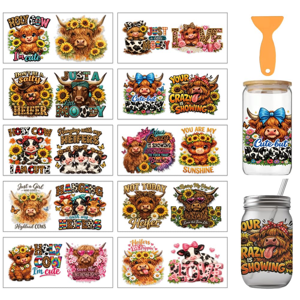 arricraft 10 Pcs Highland Cow PVC Cup Transfer Stickers, Sunflower Western Cow Pattern UV Waterproof Cup Sticker Rub on Decal for 16 oz Glasses Window Home Printing Decoration 24x11cm — image 1