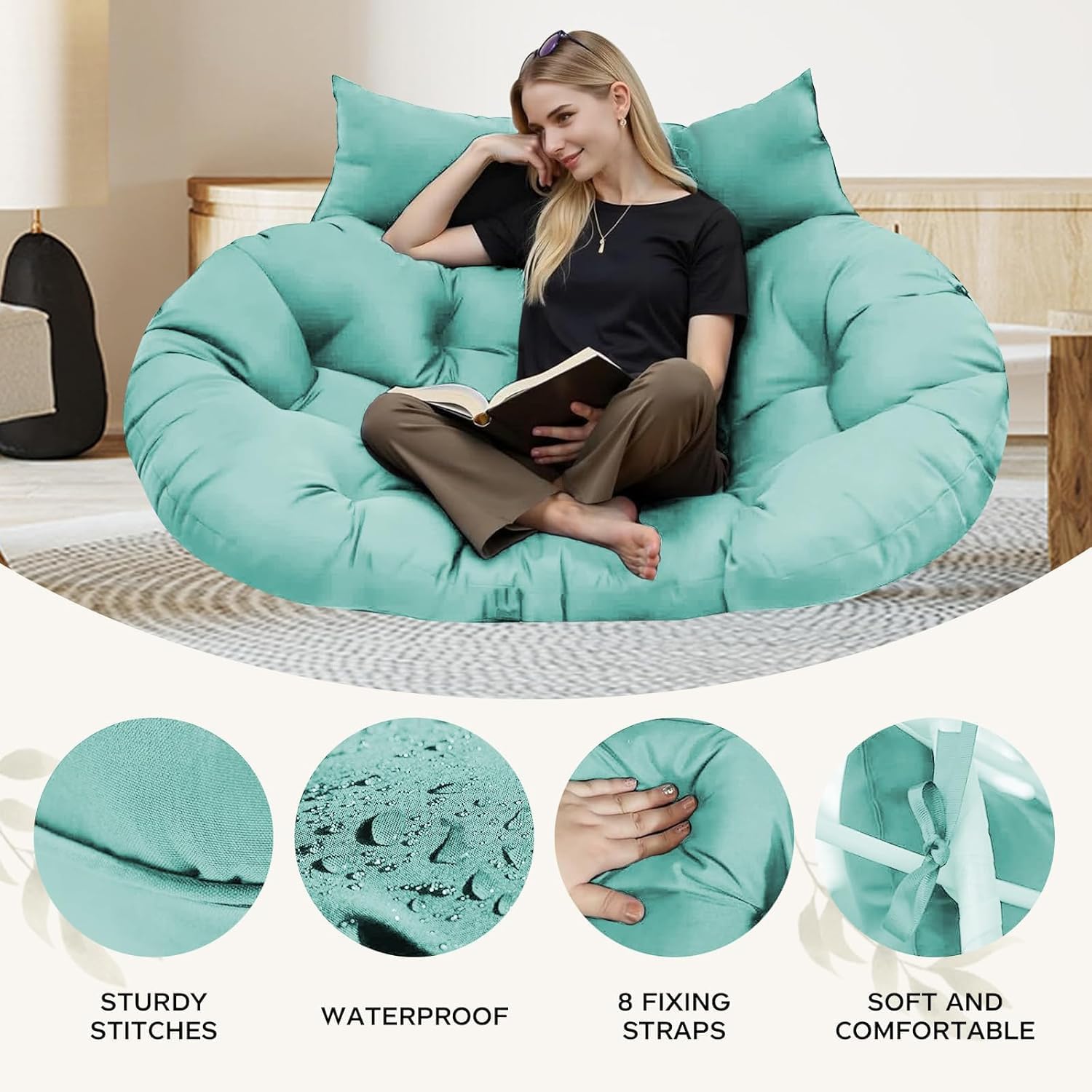 Outdoor Double Egg Chair Cushion Replacement Waterproof Thickened Cotton Hanging Basket Egg Chair Cushion 55x35 Inch Universal Fit for Patio Swing Chair (Teal)