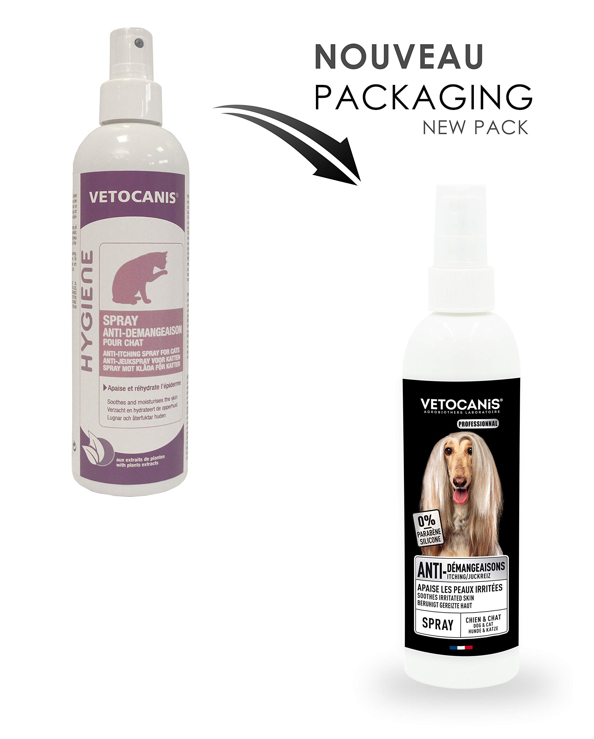 Vetocanis - Spray Anti Démangeaisons pour Chien - Apaise les peaux irritées - Spray à l'Aloé Vera, aux extraits de Mauve et d'Avoine - Sans Parabène ni Silicone - 250 ml