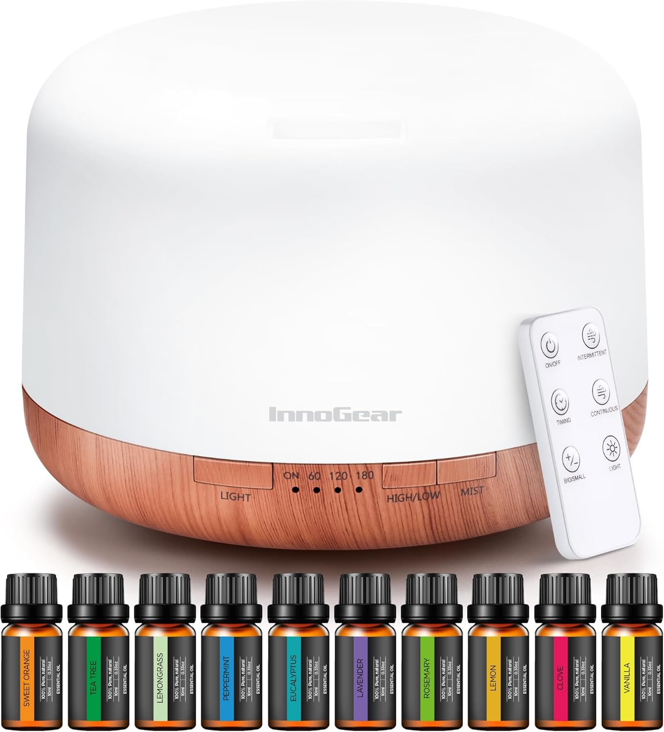 InnoGear Aromatherapy Diffuser & 10 Essential Oils Set, 500ml Essential Oil Diffuser with Remote Control Ultrasonic Cool Mist Scent Humidifier Vaporizer Auto-Off Timer for Room Office Home - Thumbnail 4