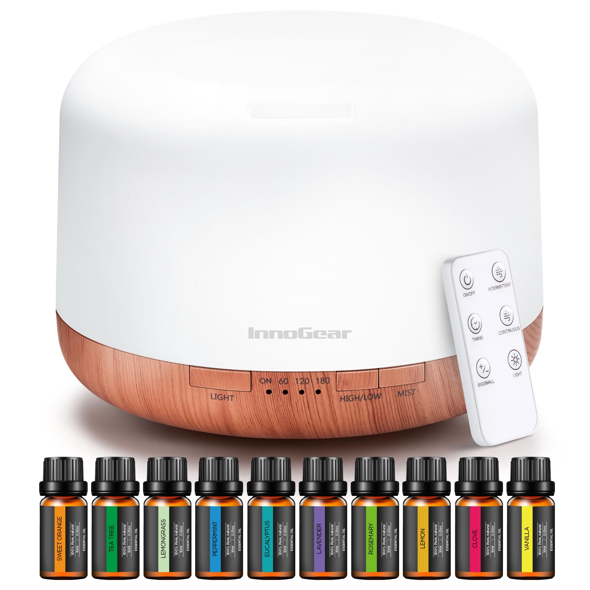 InnoGear Aromatherapy Diffuser & 10 Essential Oils Set, 500ml Essential Oil Diffuser with Remote Control Ultrasonic Cool Mist Scent Humidifier