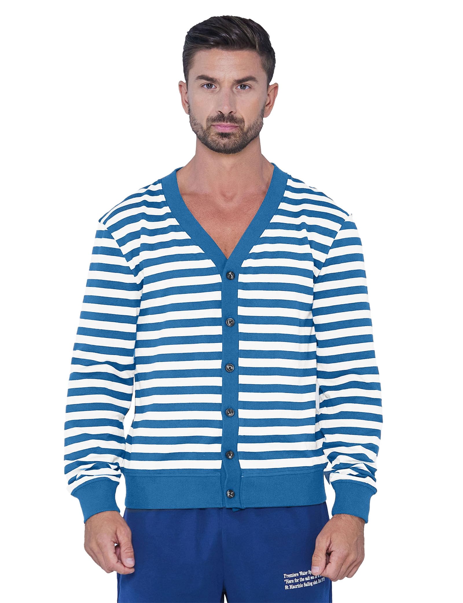 Enorsia Mans Striped V-Neck Button Front Cardigan with Ribbed Trim - Regular Fit, Stylish and Versatile for Every Occasion (UK, Alpha, M, Regular, Regular, Blue)