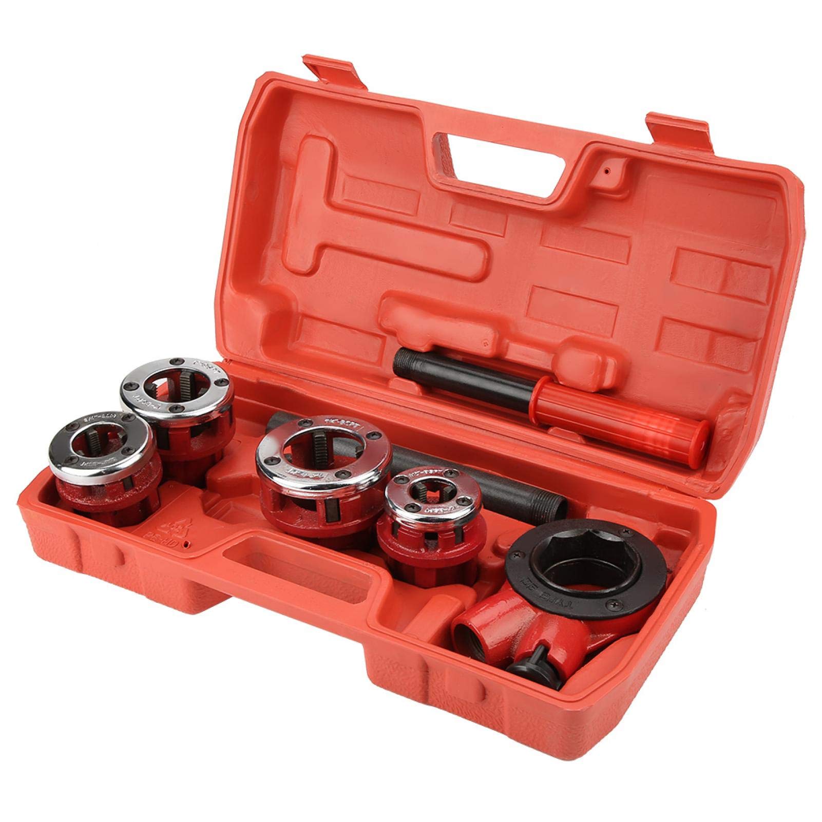 Juego de machos y terrajas, kit manual de roscado de tuberías para fontanería de 1/2", 3/4", 1" y 1-1/4", herramienta de roscado manual, juego de corte y conformado con estuche de transporte (62B, c