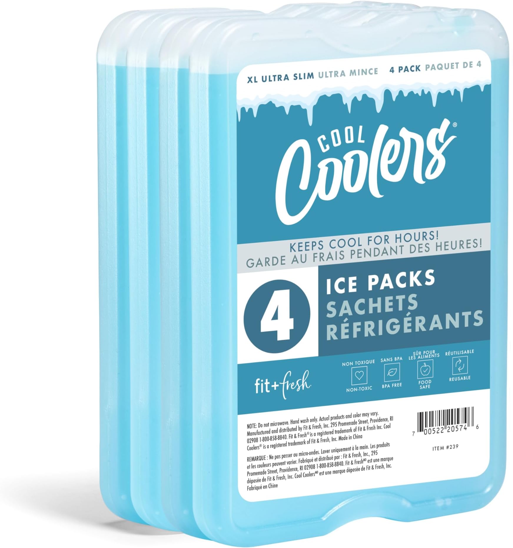 Fit & Fresh XL Cool Coolers Freezer Slim Ice Pack for Lunch Box, Set of 4, Large, Blue