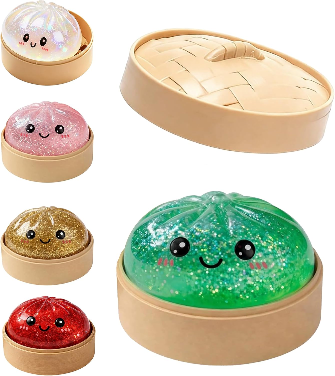 Dumpling Squishies, Glitter Dumpling Mystery Box, Colorful Dumplings Stress Balls Fidget Sensory Toy, Stretchy Desk Toys with Food Steamer for Easter Basket Stuffers, Parties, for Adults Kids, 4PCS
