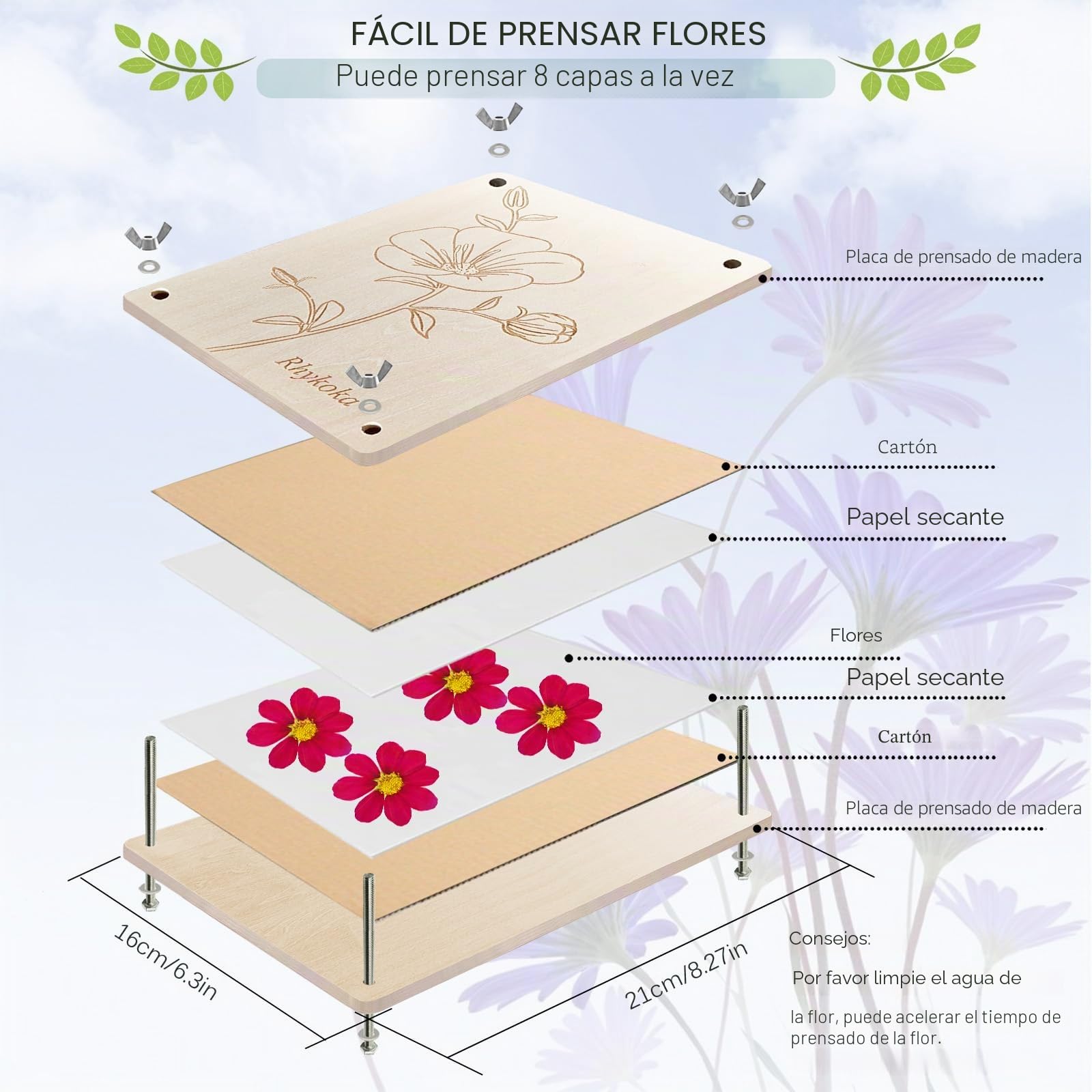 Rhykoka Prensa Profesional de Flores, Kit de Prensa de Flores de 8 Capas 16x21cm (6.3x8.3 pulgadas) Kit de Prensa de Hojas de Madera para Niños y Adultos con Instrucciones Claras, Bonito Regalo para
