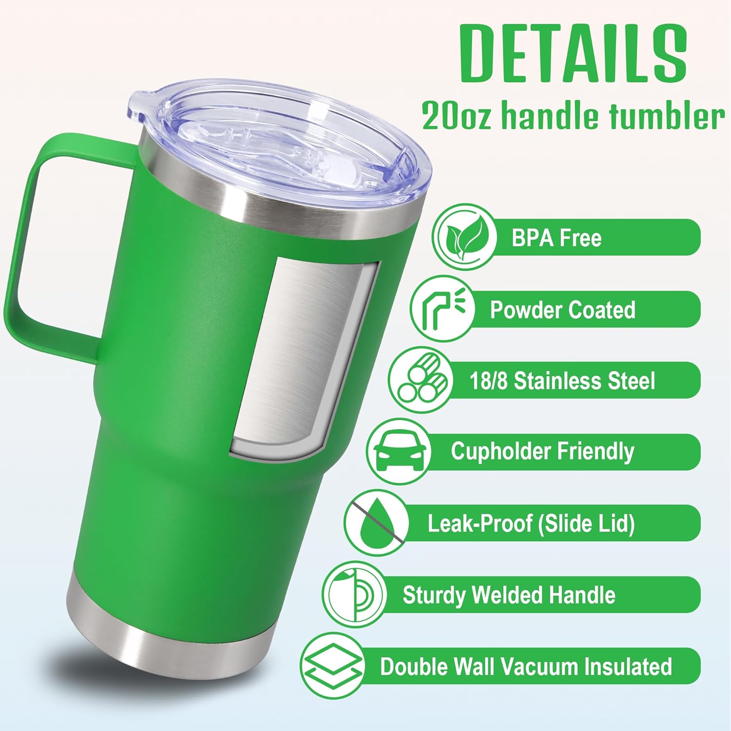 20 oz Tumbler with Handle and Lid, Stainless Steel Tumbler Insulated Travel Coffee Mug, Spill Proof Double Wall Vacuum Tumbler Cup Keep Drink Hot & Cold, Green, 12 Pack - Image 3