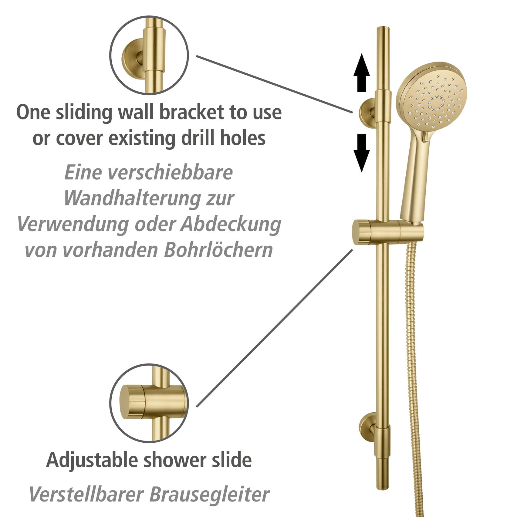 Wenko | Douche-stange inox Ø10 cm, 66 cm fixe et 150 cm flexibles, or mat