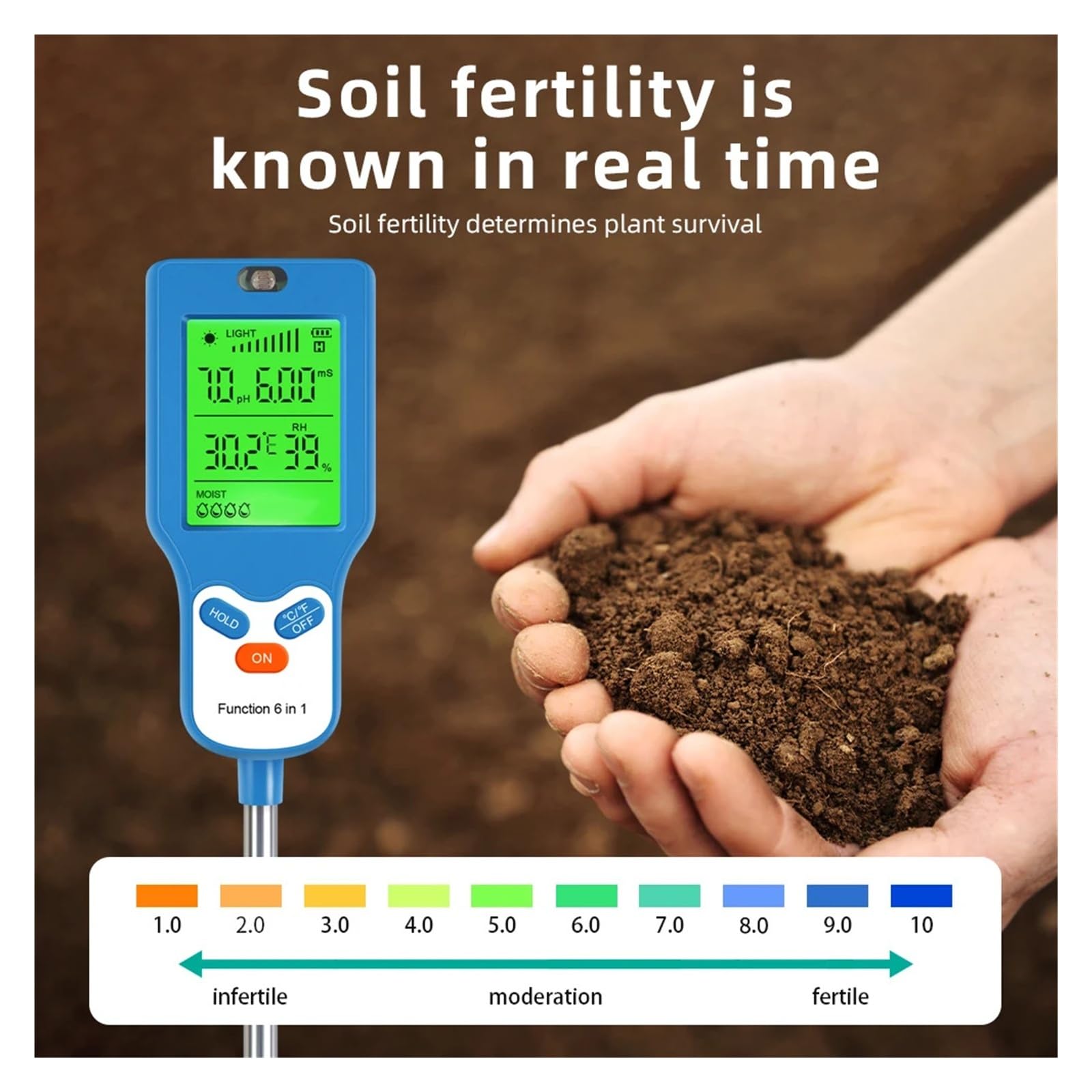 Testeur d'eau numérique, Testeur de Sol 6 en 1, pH, température, humidité, l'air, Nutriment, fertilité, détecteur pour Eau Potable Aquarium Piscine Fontaine