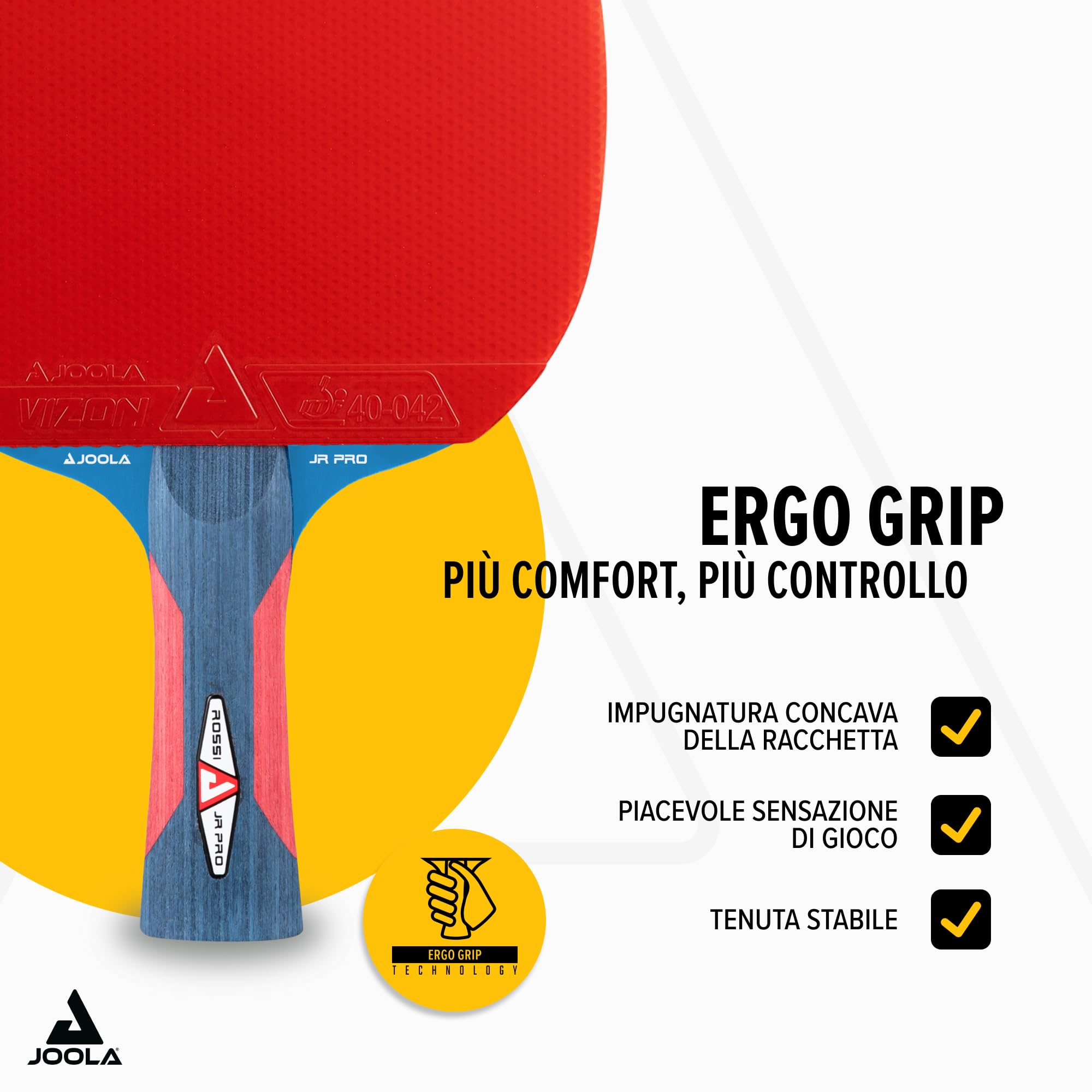 JOOLA Racchetta da ping pong Rosskopf Junior Pro approvato ITTF, racchetta da ping pong 5 stelle, manico blu/rosso, spessore spugna 1,8 mm