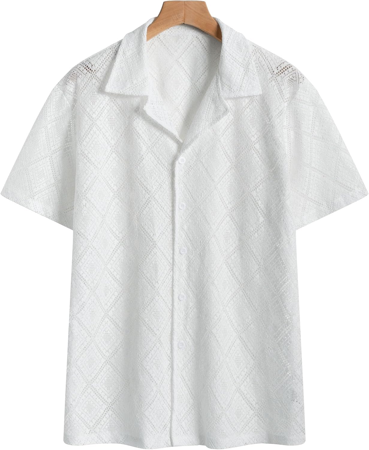 Mens Floral Lace Shirt Hollow Out Sheer See Through Short Sleeve Casual Button Down Beach Shirts - Image 5