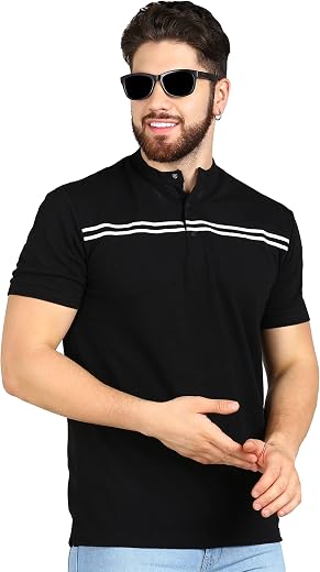 Alan Jones Clothing Men's Cotton Regular Fit Mandarin Collar Solid Polo T-Shirt