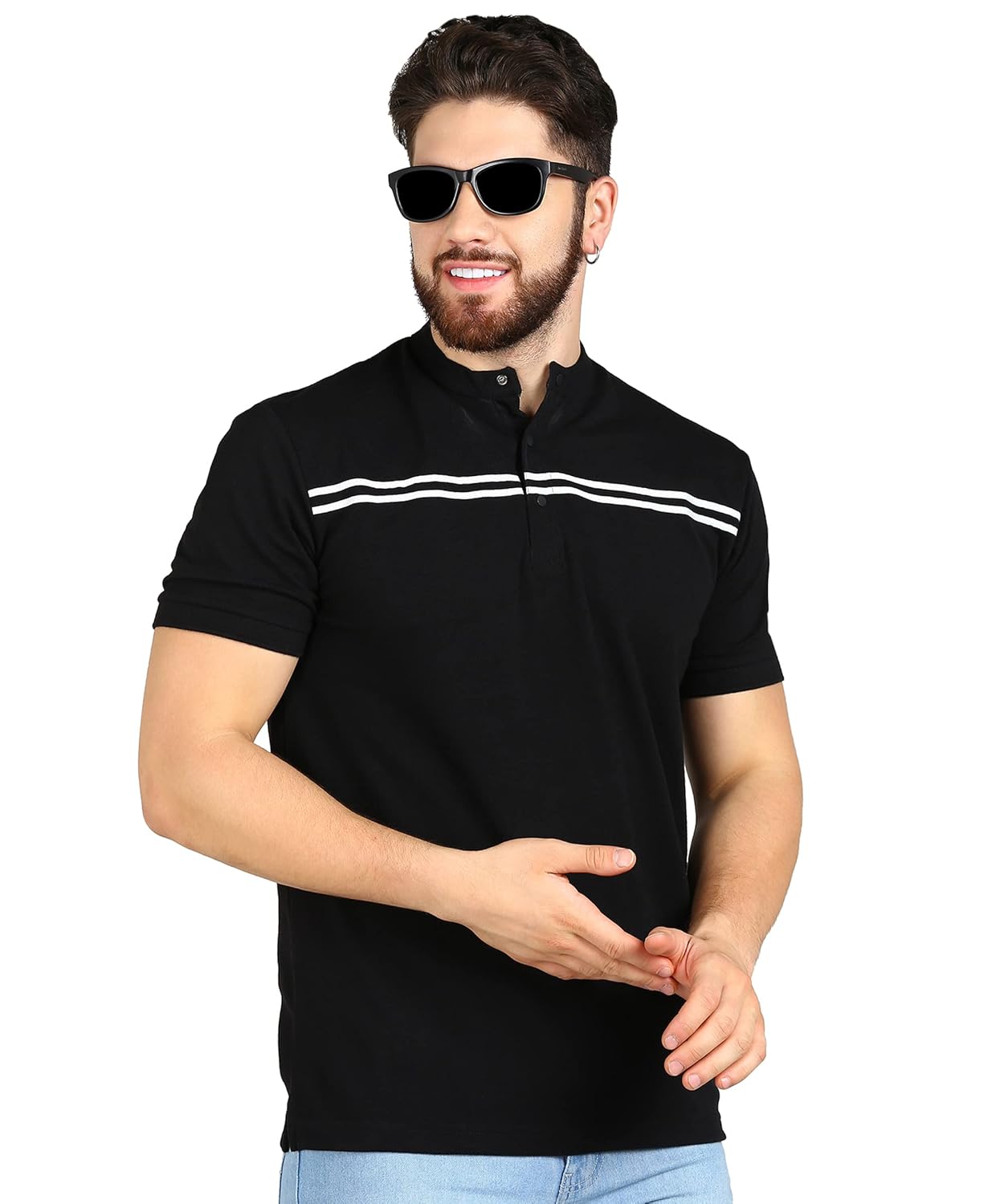 Alan Jones Clothing Men’s Cotton Regular Fit Mandarin Collar Solid Polo T-Shirt