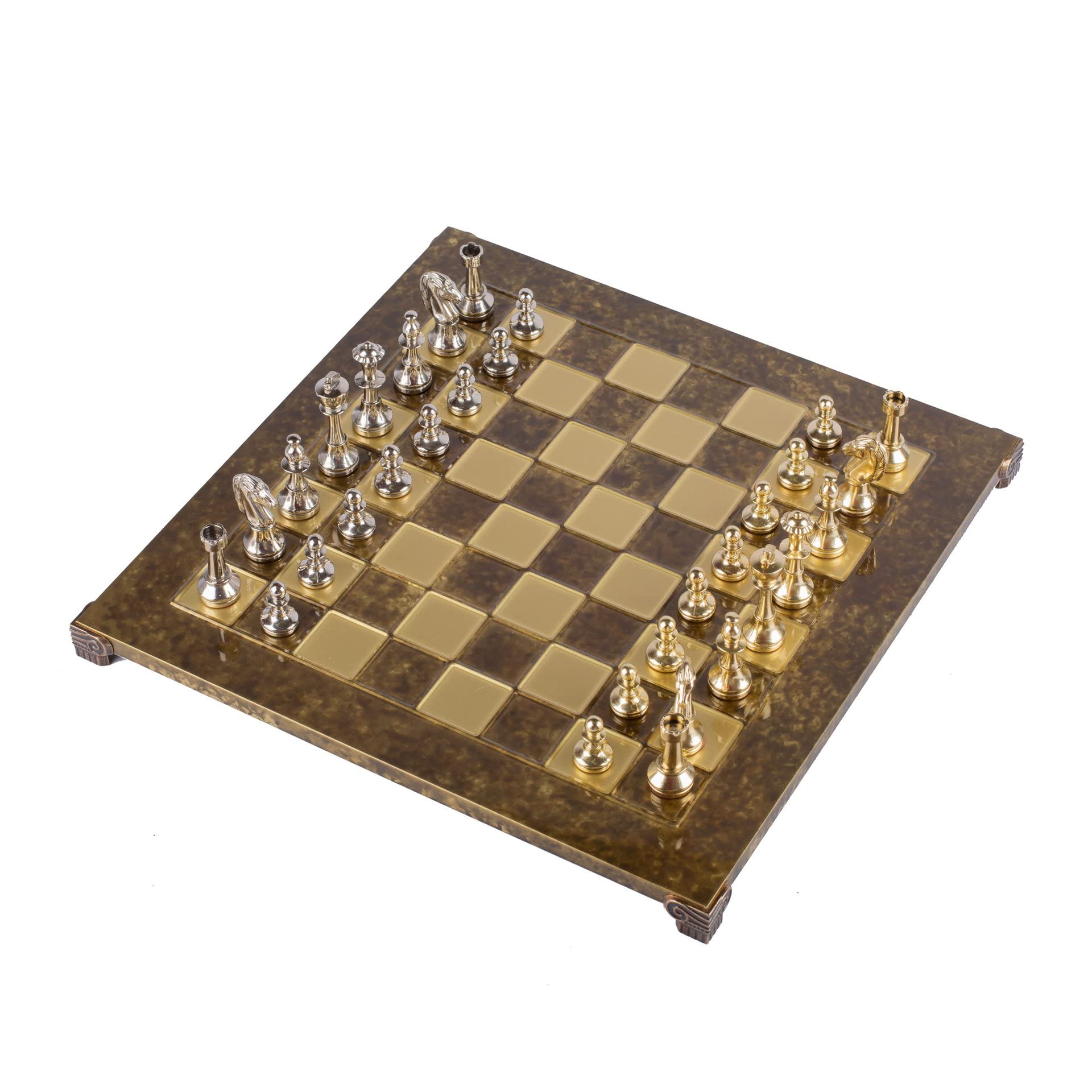 Manopoulos Jeu d'échecs Staunton classique en métal - Pions en laiton nickel - Échiquier marron - 2 joueurs - À partir de 16 ans