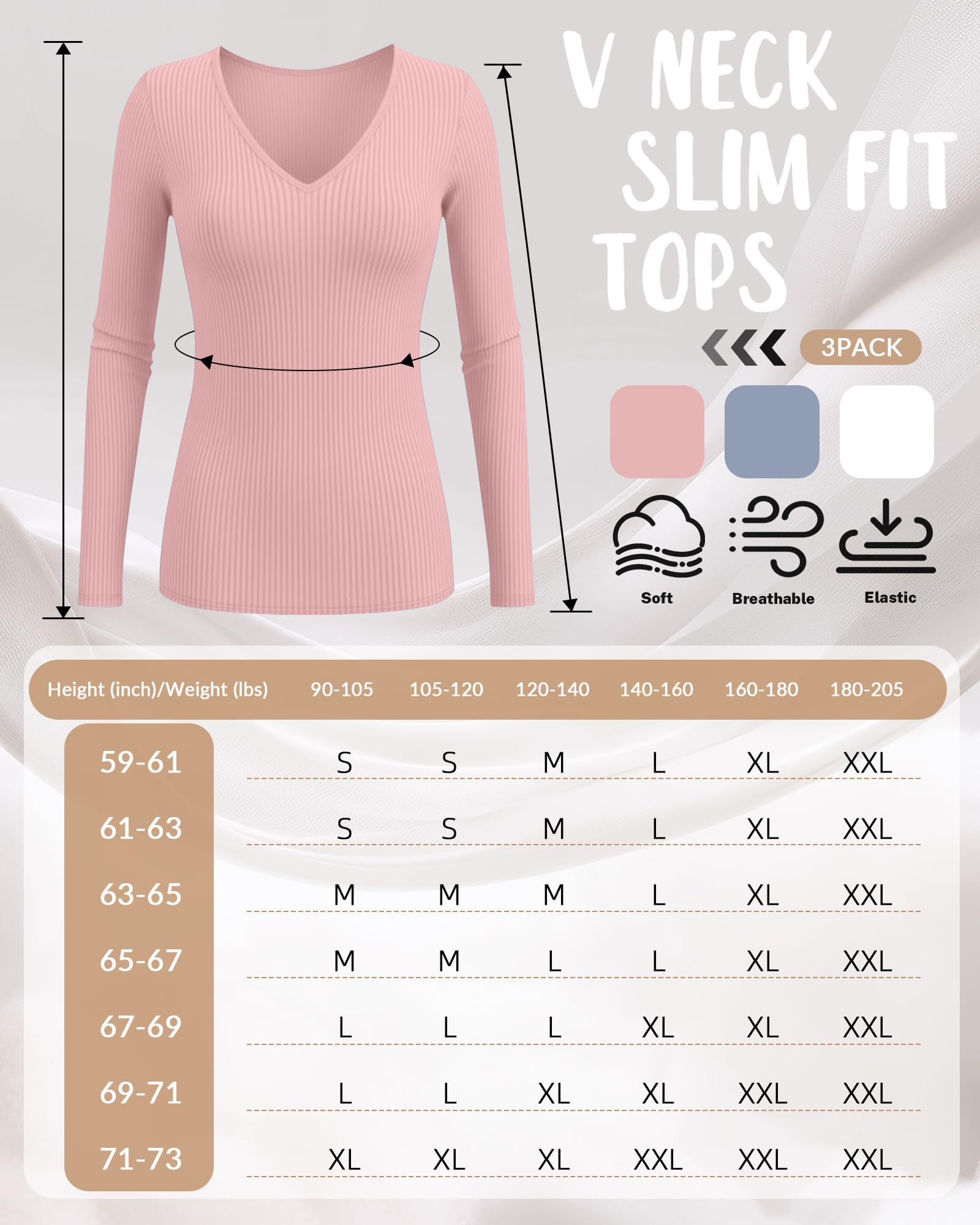 Ficerd 3er-Pack Damen Langarm Rippstrick-Shirts